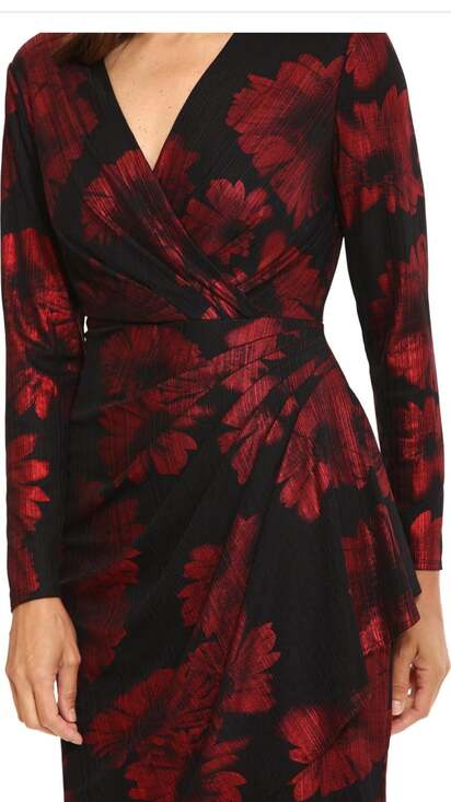 London Times Red and Black Floral Print Long Sleeve V-Neck Sheath Dress Size 18 - Picture 2 of 3